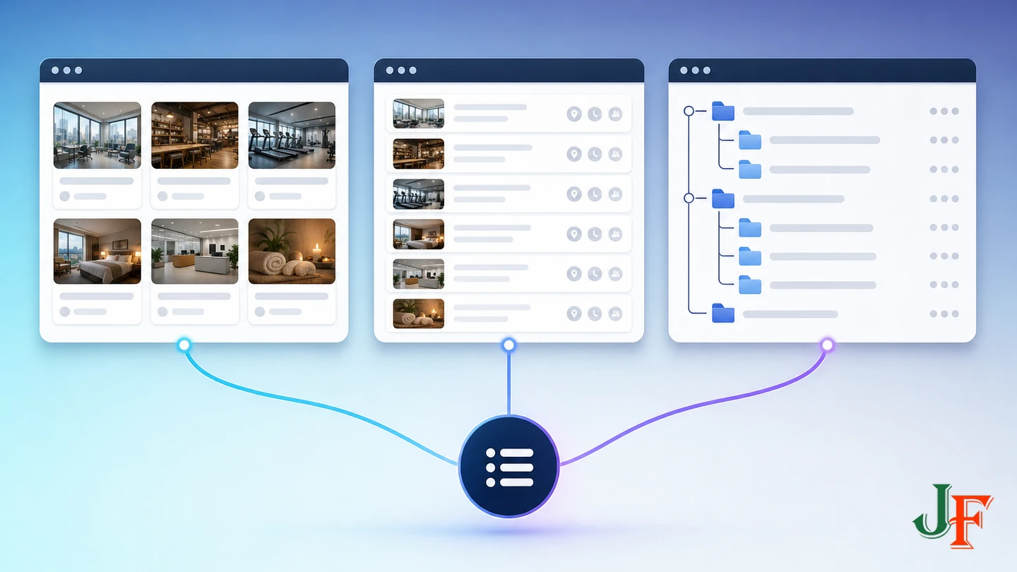 Card, compact-list, and category-hierarchy directory layouts compared