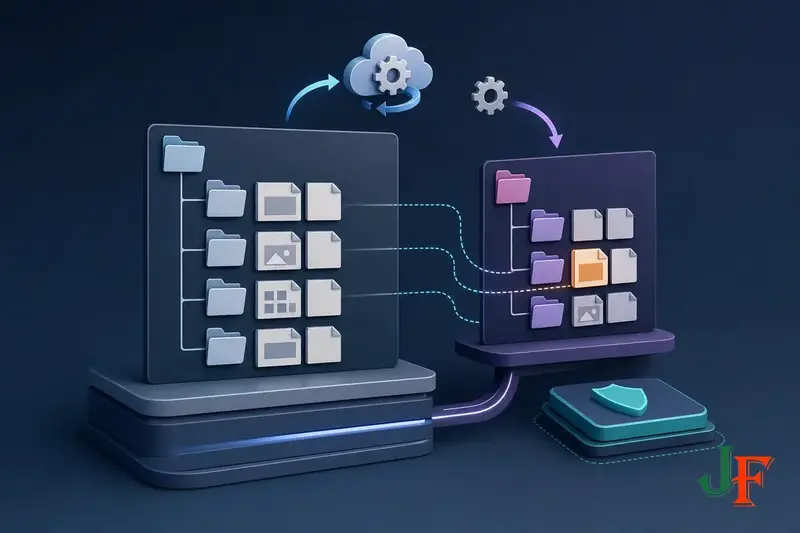 Conceptual illustration of a Joomla child template inheriting files from a parent template while keeping custom files separate.