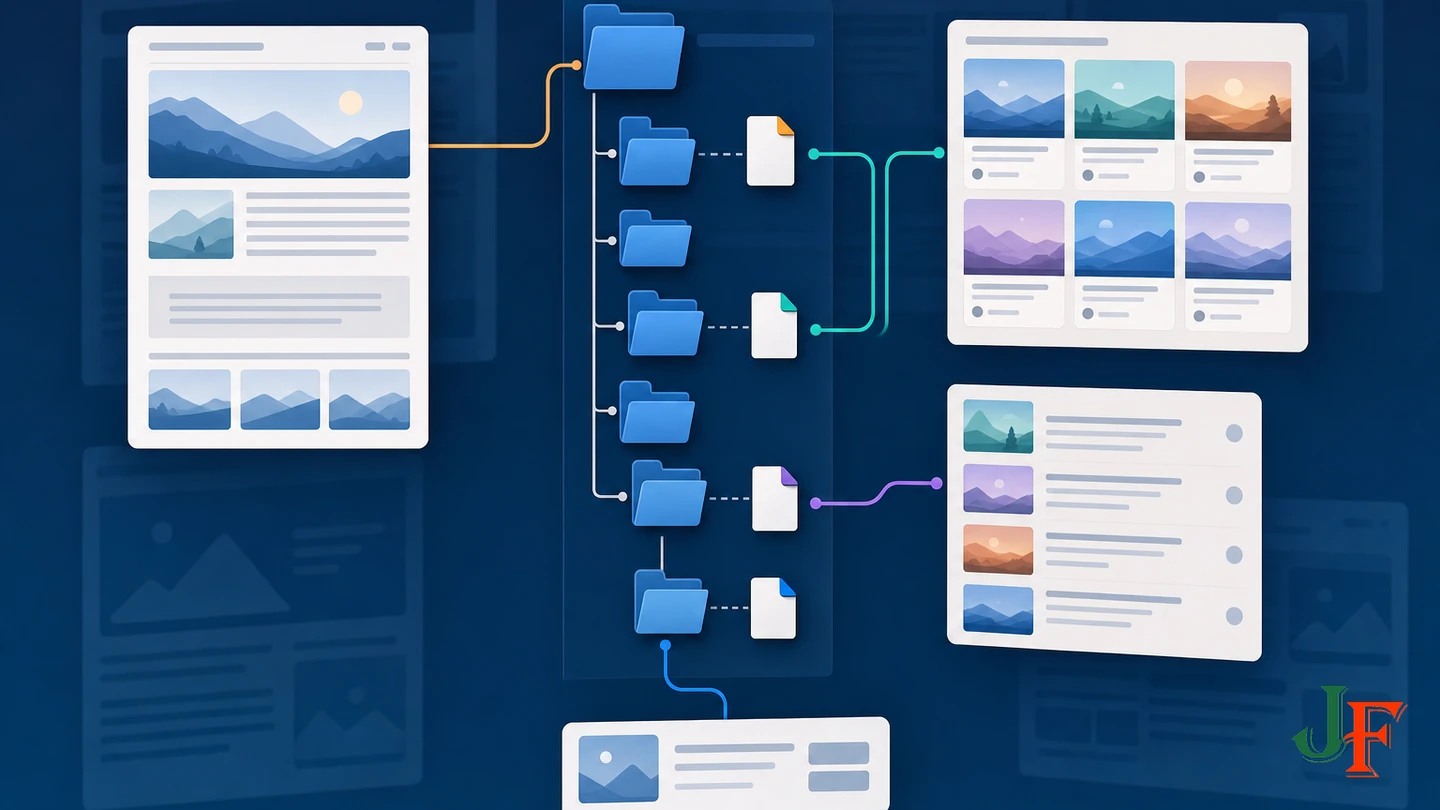 Template override folder branching to a single article, category cards, article-list module, and reusable nested layout.