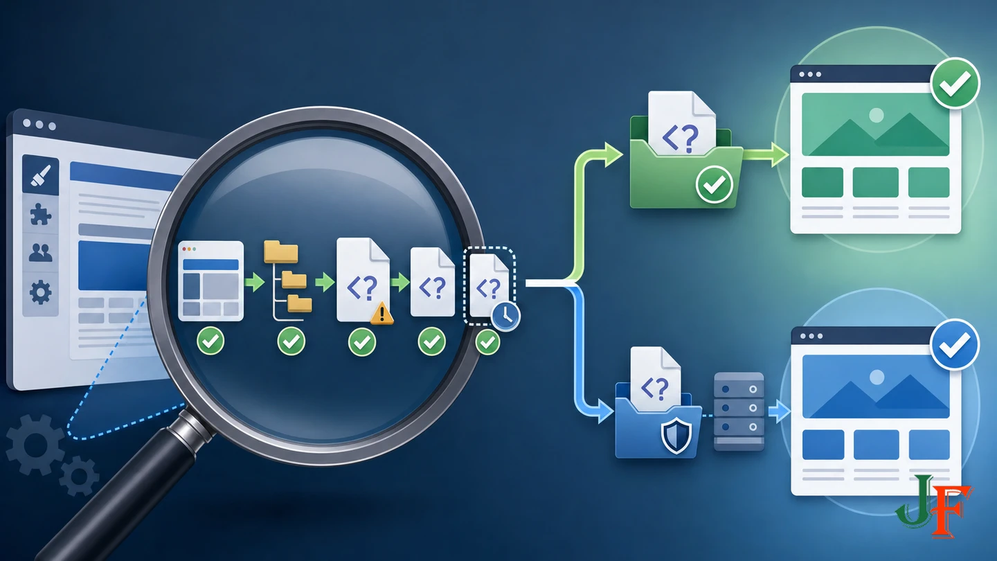Diagnostic flow checking the active template, folder path, PHP file, duplicate copy, and safe rollback route.