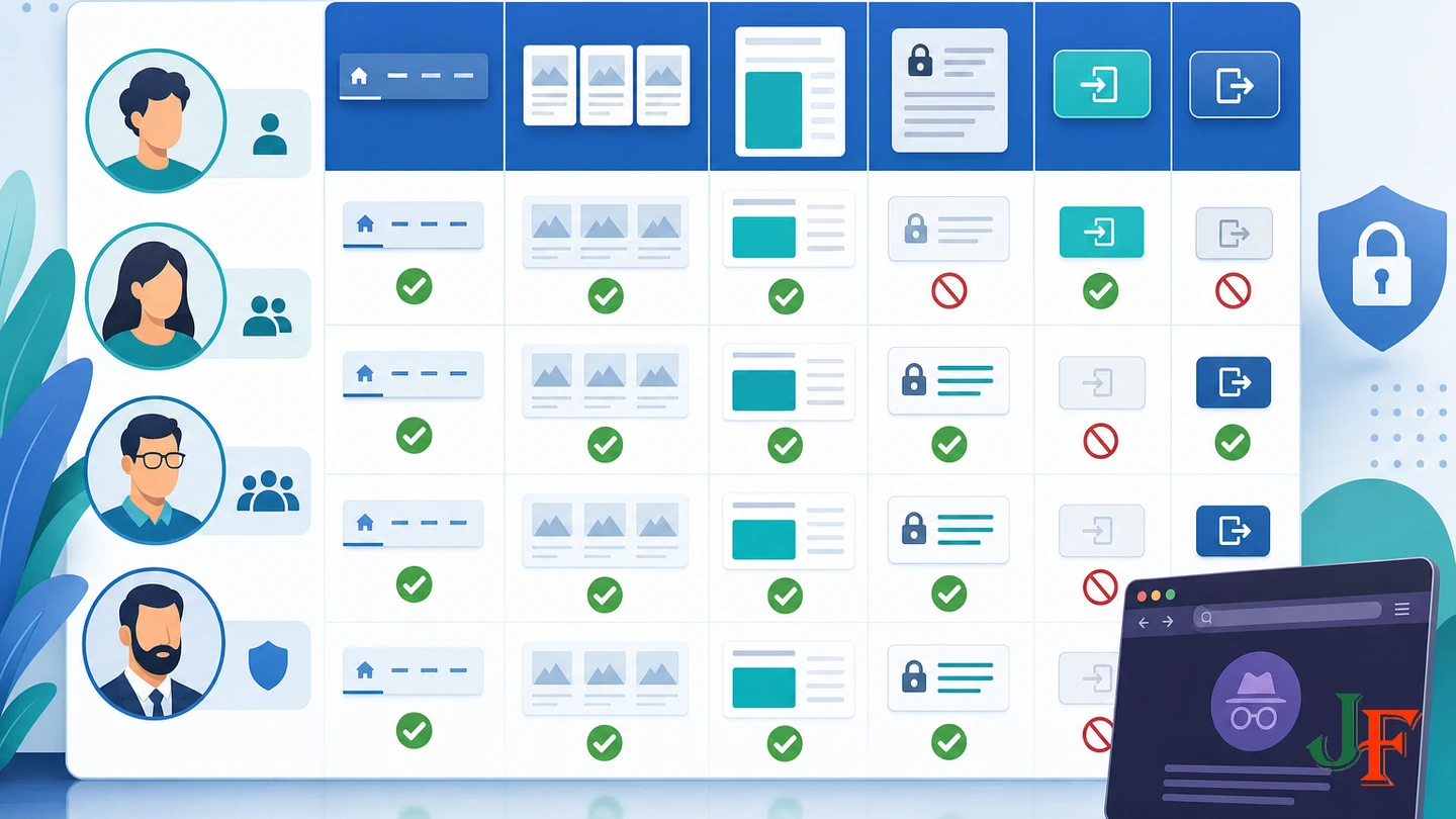 Access tests comparing guests, members, custom groups, and administrators across protected site elements