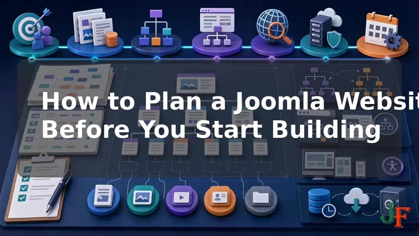 Wide conceptual illustration showing the connected stages and supporting elements involved in How to Plan a Joomla Website Before You Start Building.