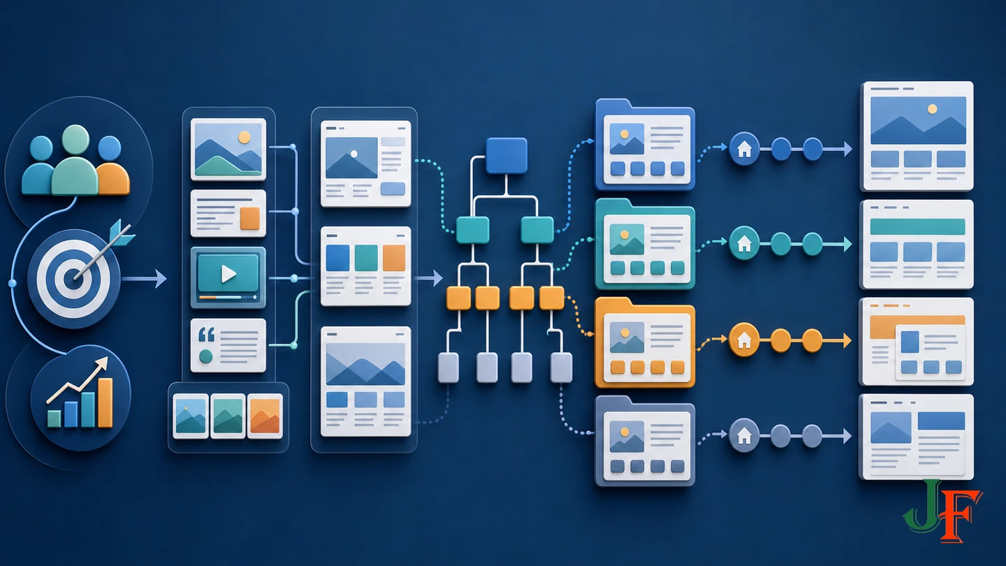 Connected workflow from audience goals and content planning to sitemap, categories, menus, and layouts