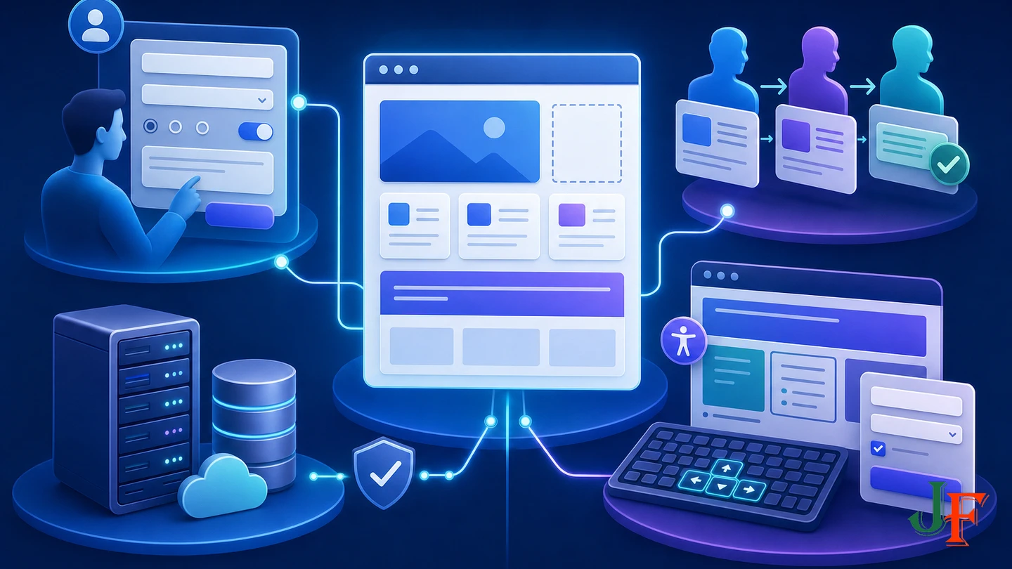 Website blueprint connecting functionality, user permissions, hosting infrastructure, and accessible structure