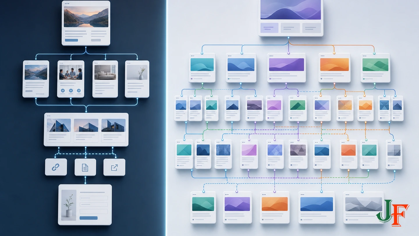 Compact service website structure compared with a larger interconnected resource-library structure