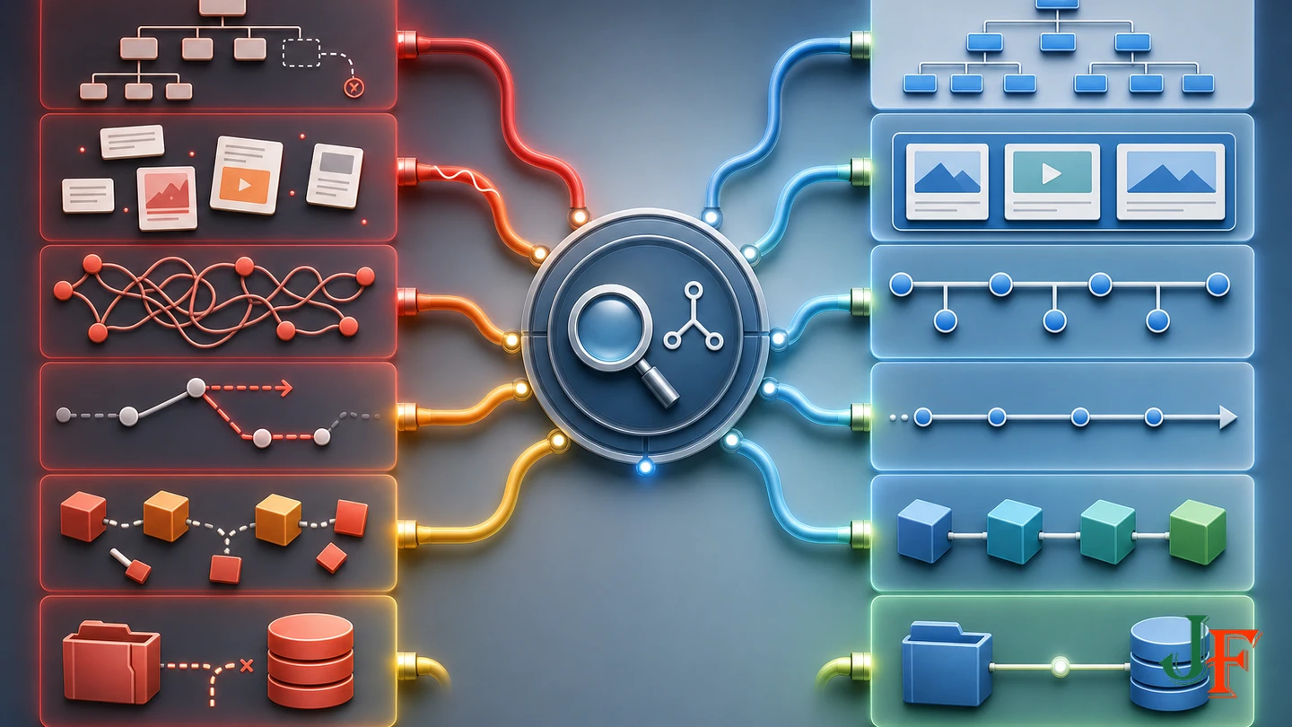 Planning problems traced through diagnosis to corrected site structure, compatibility, navigation, and backups