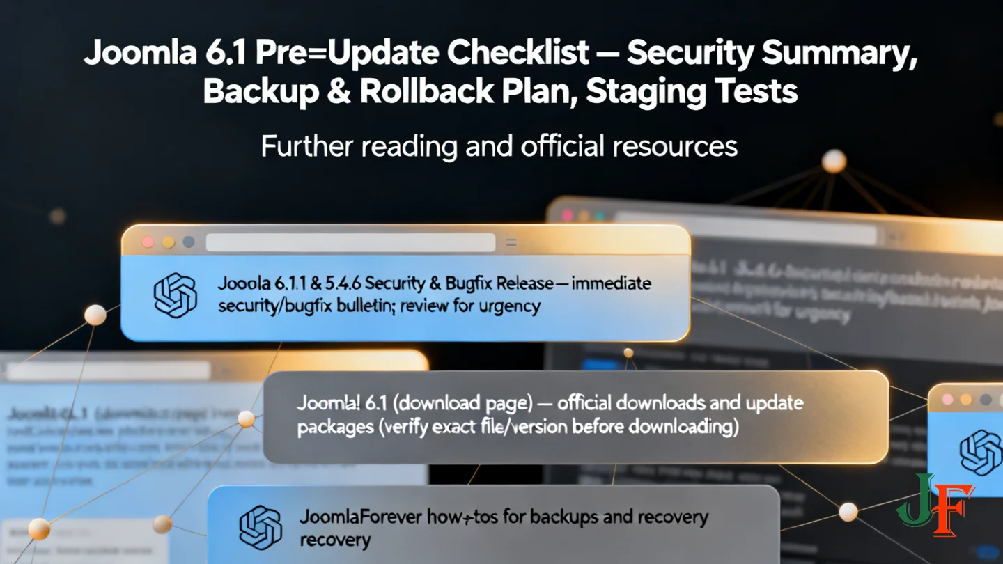 Further Reading And Official Resources - Joomla 6 1 Pre Update Checklist Security Summary Backup And Rollback Plan Staging Tests