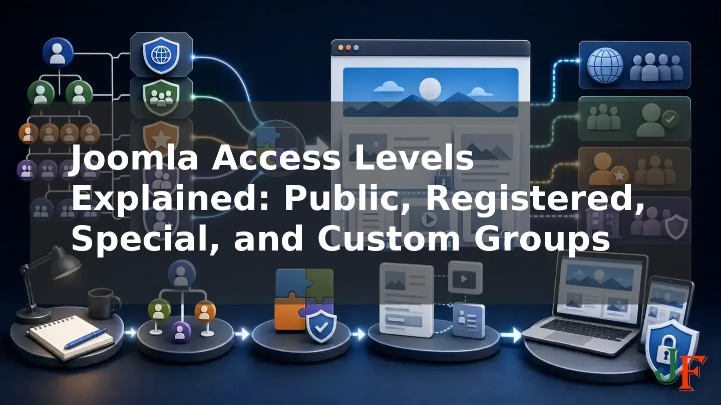 Wide conceptual illustration showing the connected stages and supporting elements involved in Joomla Access Levels Explained: Public, Registered, Special, and Custom Groups.
