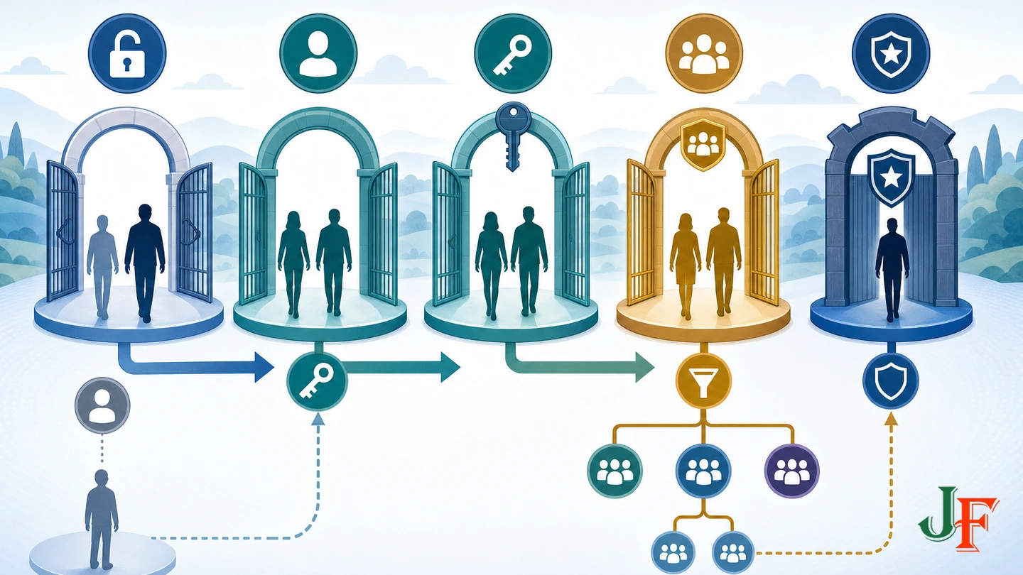 Five access zones compare public, guest, authenticated, selective, and administrator visibility.