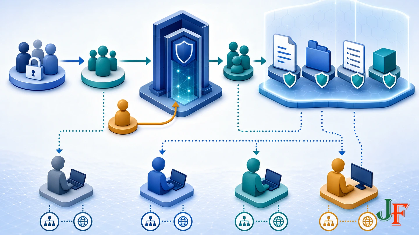 Workflow connecting a client user group and custom access level to protected portal resources and account testing.
