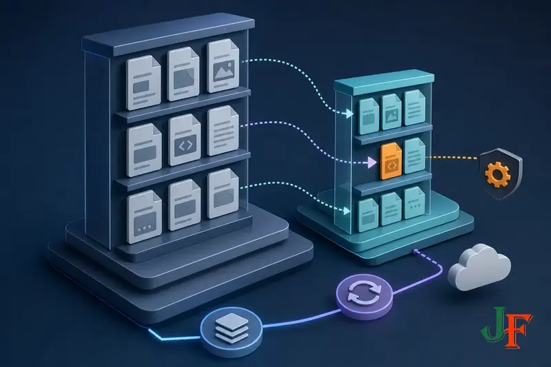 Conceptual illustration of a Joomla child template inheriting files from a parent template while keeping custom files separate.