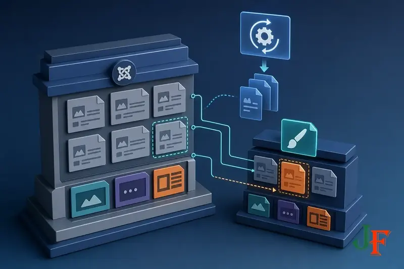 Conceptual illustration of a Joomla child template inheriting files from a parent template while keeping custom files separate.