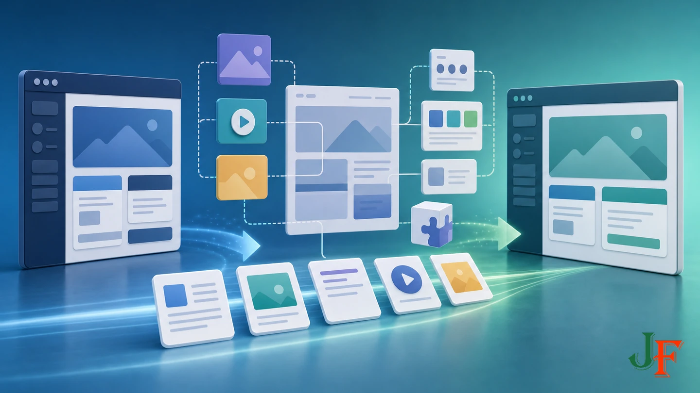Structured content moving between websites while layouts retain connected migration dependencies