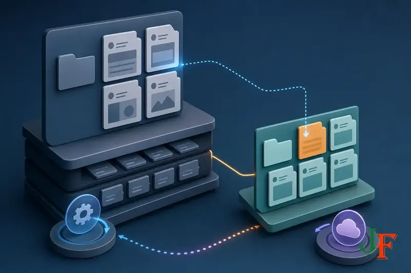Conceptual illustration of a Joomla child template inheriting files from a parent template while keeping custom files separate.